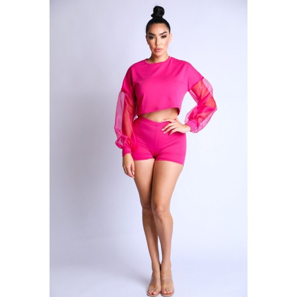 Boutique Tops - Women's Casual Crew Neck Organza Puff Sleeve Top & Elastic Waist Shorts 2Pcs Set